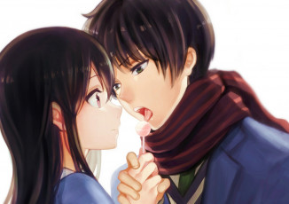 Картинка аниме kyoukai+no+kanata пара шарф конфета двое парень девушка nase mitsuki hiroomi kyoukai no kanata за гранью