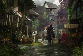 Картинка фэнтези люди городок всадник жильцы средневековье