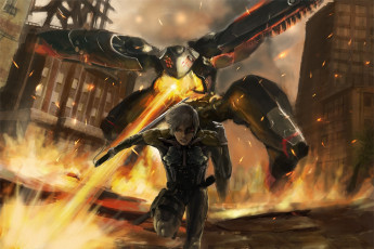 обоя аниме, -weapon,  blood & technology, огонь, бег, город, оружие, меха, робот, меч, парень