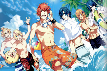 обоя аниме, uta no prince-sama, вода, море, пляж, парни, очки, полотенце, круг, мяч, капли, веселье, океан, солнце, облака, пальмы, небо