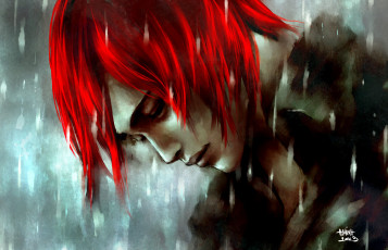 Картинка аниме *unknown+ другое красные волосы профиль лицо дождь парень nanfe арт