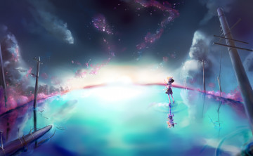 Картинка аниме vocaloid наушники звезды столбы облака небо отражение вода девушка парень kagamine len rin вокалоид арт