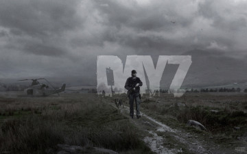 Картинка dayz видео+игры dayz+standalone дорога небо человек heli crash вертолет собака зомби zombie standalone поле day z серое