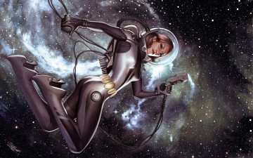Картинка фэнтези девушки оружие звезды скафандр космос девушка