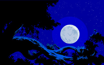 Картинка векторная+графика звезды деревья ночт луна