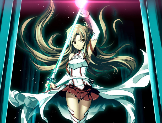 Обои картинки фото аниме, sword art online, sword, art, online, fujimaru, арт, оружие, колонны, меч, yuuki, asuna, девушка