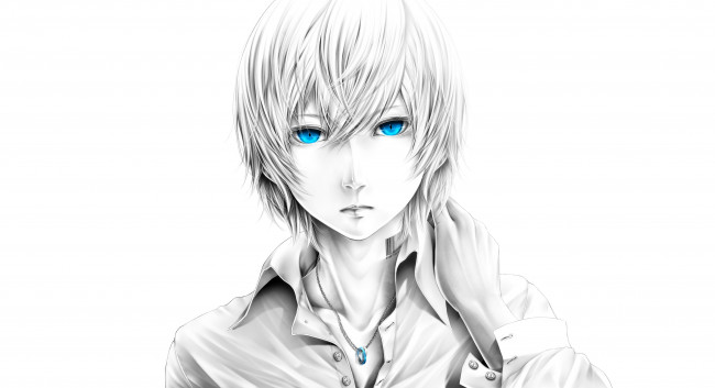 Обои картинки фото аниме, *unknown , другое, синие, глаза, белый, фон, монохромное, кулон, жест, парень, взгляд