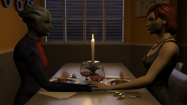 Обои картинки фото видео игры, mass effect 2, стол, существо, девушка, свеча