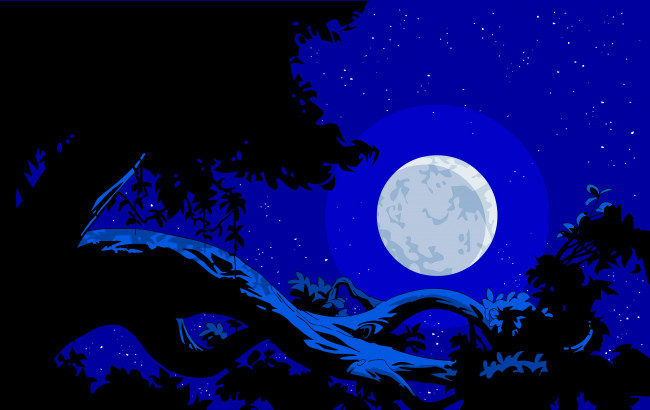 Обои картинки фото векторная графика, звезды, деревья, ночт, луна