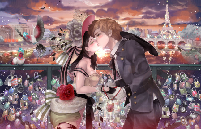Обои картинки фото аниме, *unknown , другое, девушка, парень, поцелуй, мост, замки, птицы, париж
