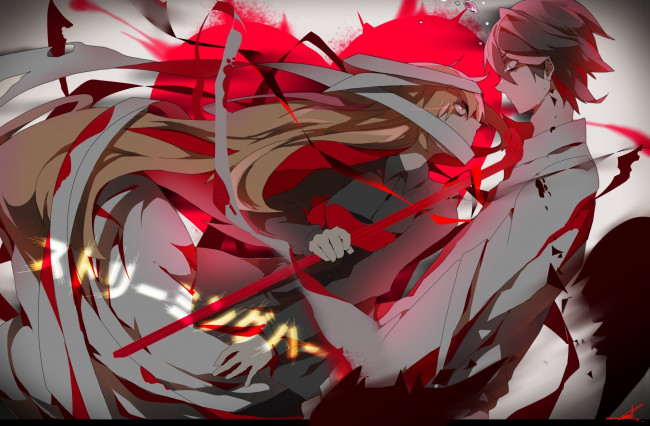 Обои картинки фото аниме, -weapon,  blood & technology, ленты, арт, парень, девушка, saihate, кровь