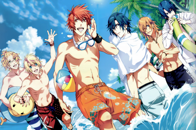 Обои картинки фото аниме, uta no prince-sama, вода, море, пляж, парни, очки, полотенце, круг, мяч, капли, веселье, океан, солнце, облака, пальмы, небо