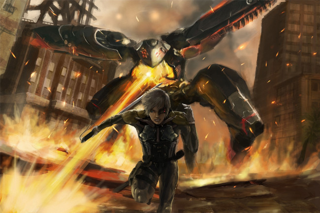 Обои картинки фото аниме, -weapon,  blood & technology, огонь, бег, город, оружие, меха, робот, меч, парень