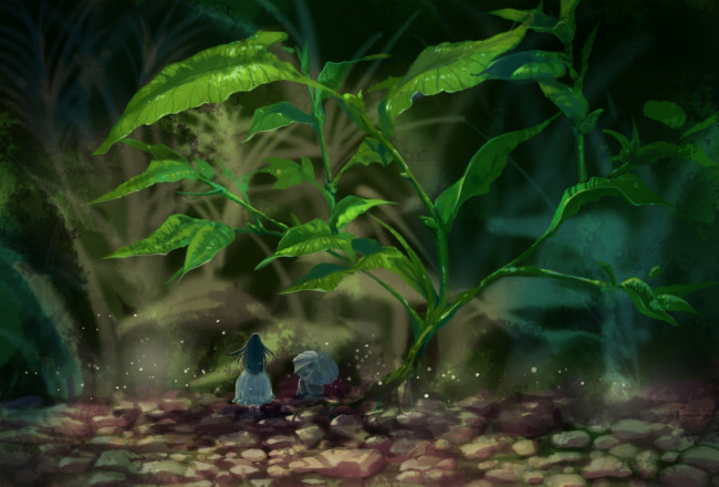 Обои картинки фото аниме, *unknown , другое, природа, зонт, трава, парень, девушка