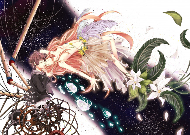 Обои картинки фото аниме, *unknown , другое, девушка, парень, коляска, цветы, перья, звезды, космос, небо, механизм, медузы, растения, листья
