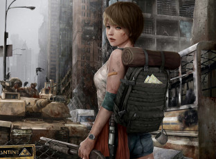 Картинка фэнтези девушки запустение пилигрим девушка постапокалипсис разрушения город рюкзак дробовик