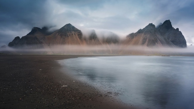 Обои картинки фото природа, побережье, утро, туман, море, горы
