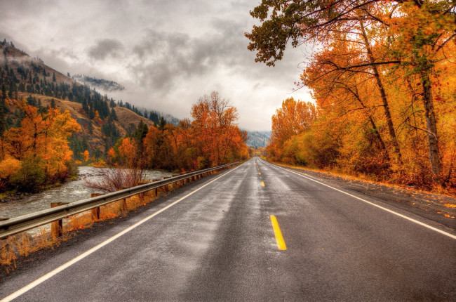 Обои картинки фото природа, дороги, река, горы, дорога, осень