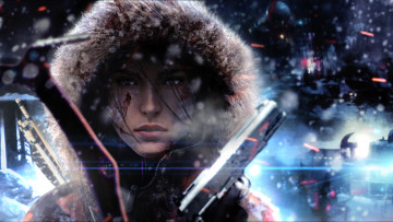 Картинка видео+игры rise+of+the+tomb+raider капюшон зима холод ветер лицо пистолет девушка