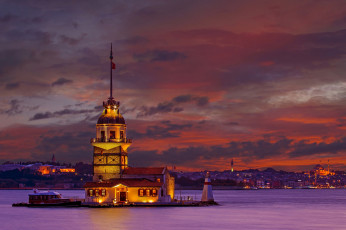 обоя города, стамбул , турция, ночь, маяк, море