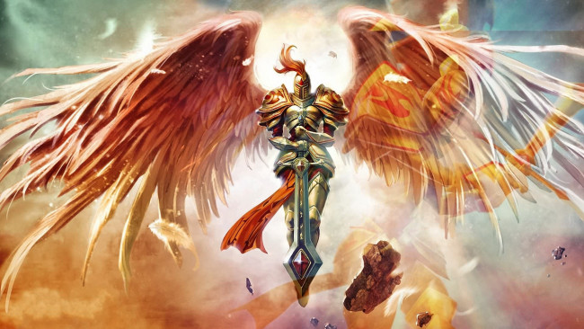 Обои картинки фото видео игры, league of legends, камни, броня, меч, крылья, ангел, рыцарь