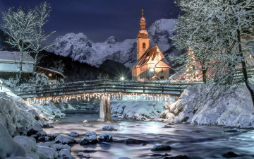 обоя berchtesgaden, города, - мосты, зима, река, мост, снег