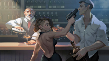 Картинка рисованное люди девушка мужчина бар бармен напитки пистолет