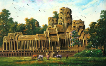 Картинка рисованное живопись храм люди буйволы лес