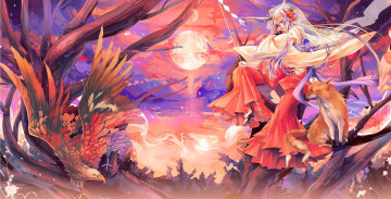Картинка аниме angels demons дерево звезды животные птица цветы длинные волосы сандали луна небо жрица kirero artist - kiro