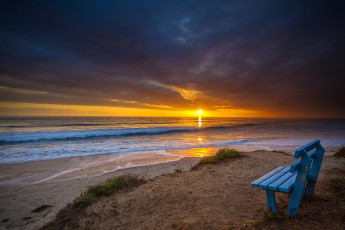 Картинка природа восходы закаты скамейка берег море закат