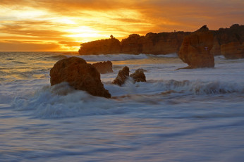 Картинка algarve portugal природа восходы закаты португалия атлантический океан алгарве atlantic ocean закат прибой побережье скалы