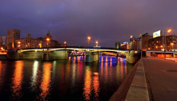 Картинка бородинский мост города москва россия дома река ночь огни