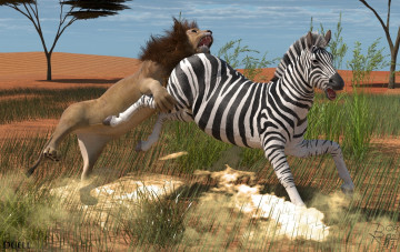 Картинка 3д графика animals животные зебра лев
