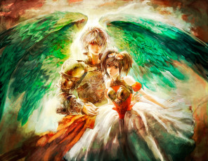 обоя аниме, -angels & demons, арт, tomape, девушка, парень, крылья, пара, двое, доспехи