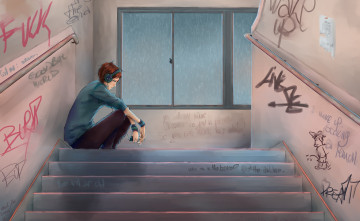 Картинка аниме -headphones+&+instrumental арт парень подъезд наушники дождь лестница окно