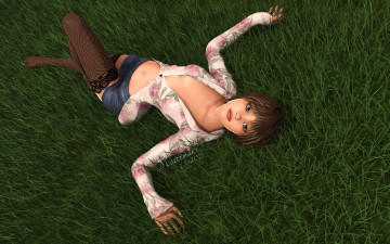 Картинка 3д+графика people+ люди взгляд девушка трава лежит