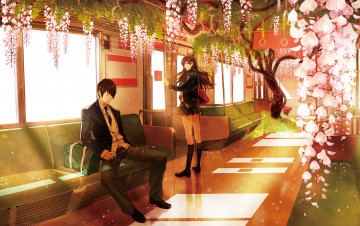 Картинка аниме *unknown+ другое школьная форма девушка парень пара цветы метро деревья лепестки наушники сумка