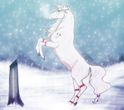 Обои картинки фото рисованные, животные,  лошади, снег, белая, лошадь