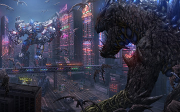 Картинка фэнтези существа cyberpunk бой фантазия битва пришельцы робот фантастика киборг мегаполис дома монстры гиганты