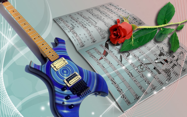 Обои картинки фото музыка, -музыкальные инструменты, роза, ноты, гитара