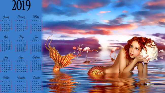 Обои картинки фото календари, фэнтези, водоем, раковина, фламинго, русалка