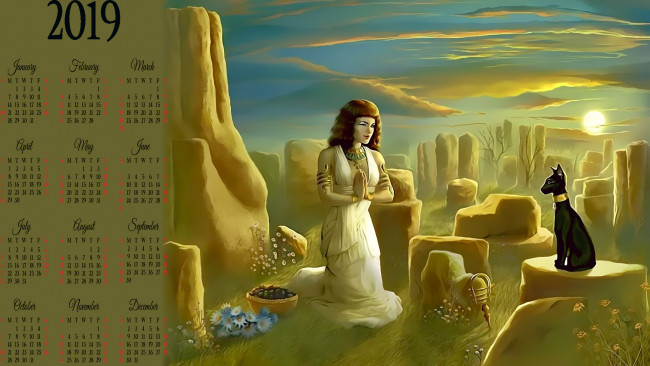 Обои картинки фото календари, фэнтези, женщина, кошка, ритуал, корзина, цветы