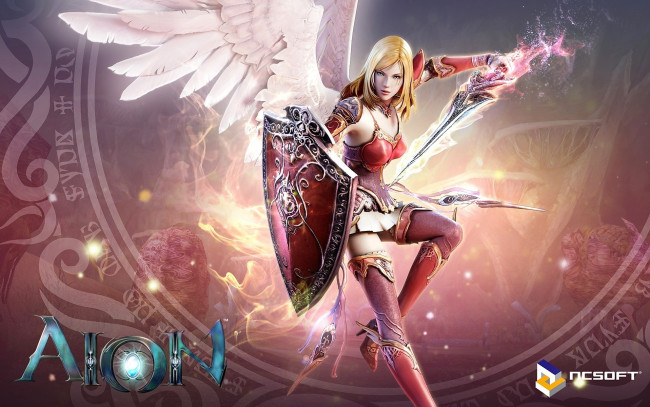 Обои картинки фото видео игры, aion, девушка, ангел, оружие, щит