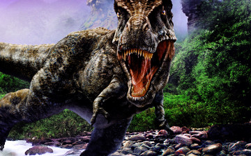 Картинка динозавр фэнтези существа рычит река джунгли тираннозавр зубы