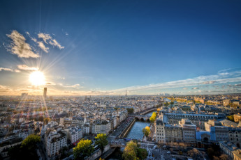 обоя города, париж, франция, панорама, солнце