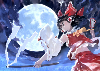 Картинка аниме touhou девушка луна ночь брюнетка