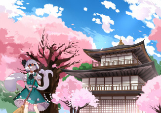 Картинка аниме touhou сакура дом хвост девушка