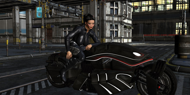Обои картинки фото мотоциклы, 3d, взгляд, мотоцикл, девушка
