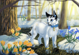 Картинка рисованное животные +коты кот взгляд фон лес снег цветы