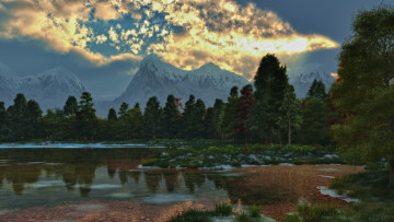 Картинка 3д+графика природа+ nature облака восход река лес горы